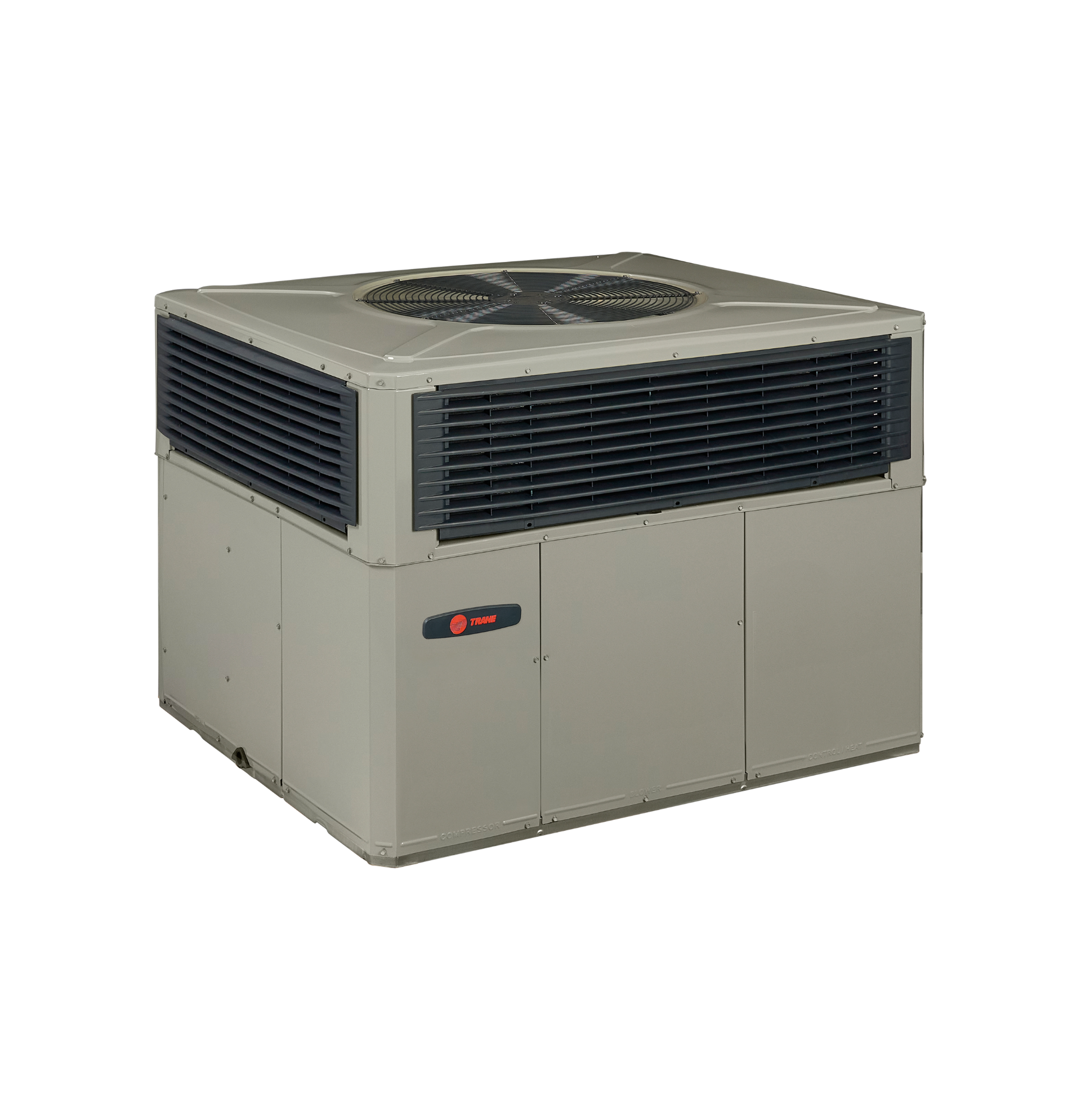 Beige Trane HVAC unit with black side vents and dual fans on top