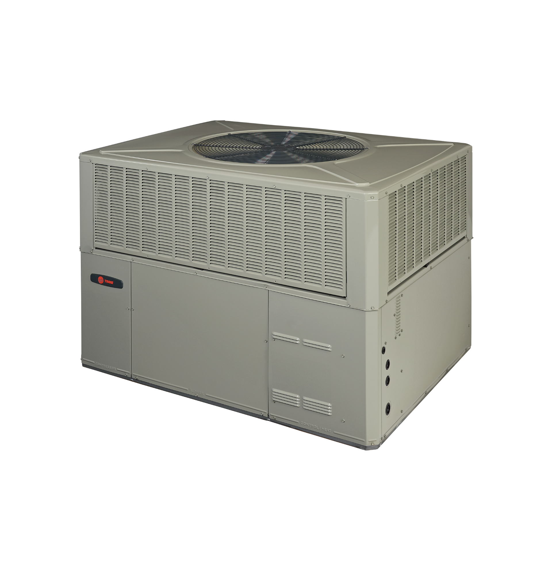 Gray outdoor HVAC unit with top fan grille and vented sides