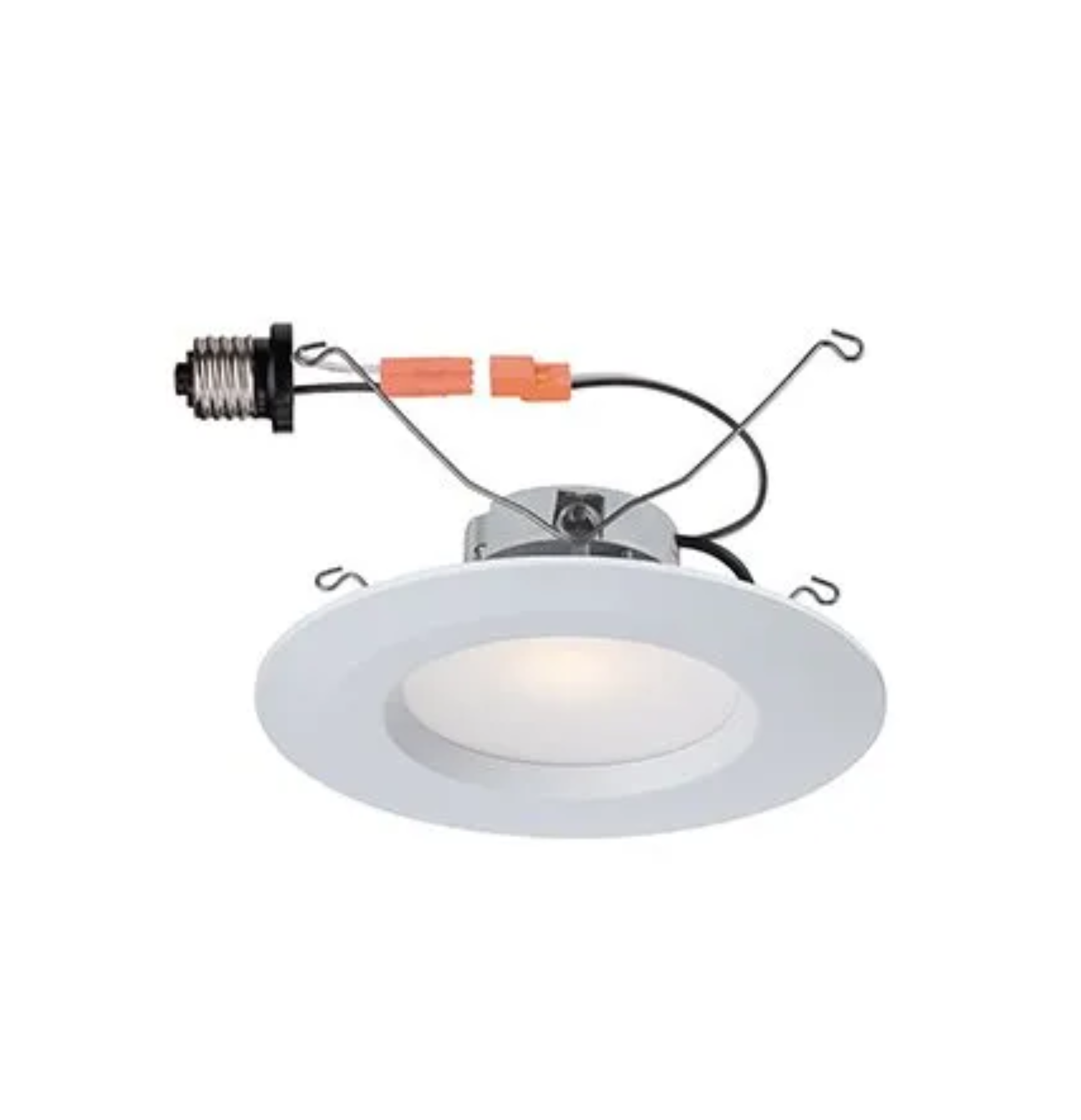 White recessed LED downlight with mounting clips and exposed wiring on a white background