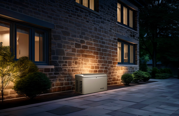 Outdoor generator beside a stone house at dusk, lit by warm wall lights.