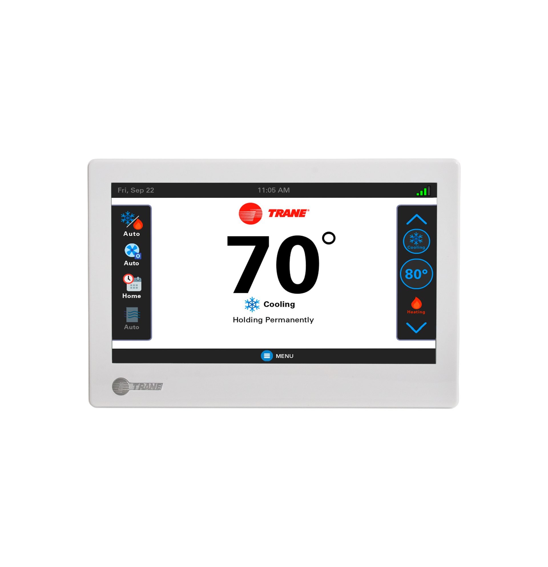 White touchscreen thermostat display showing 70° with blue and black controls on a wall