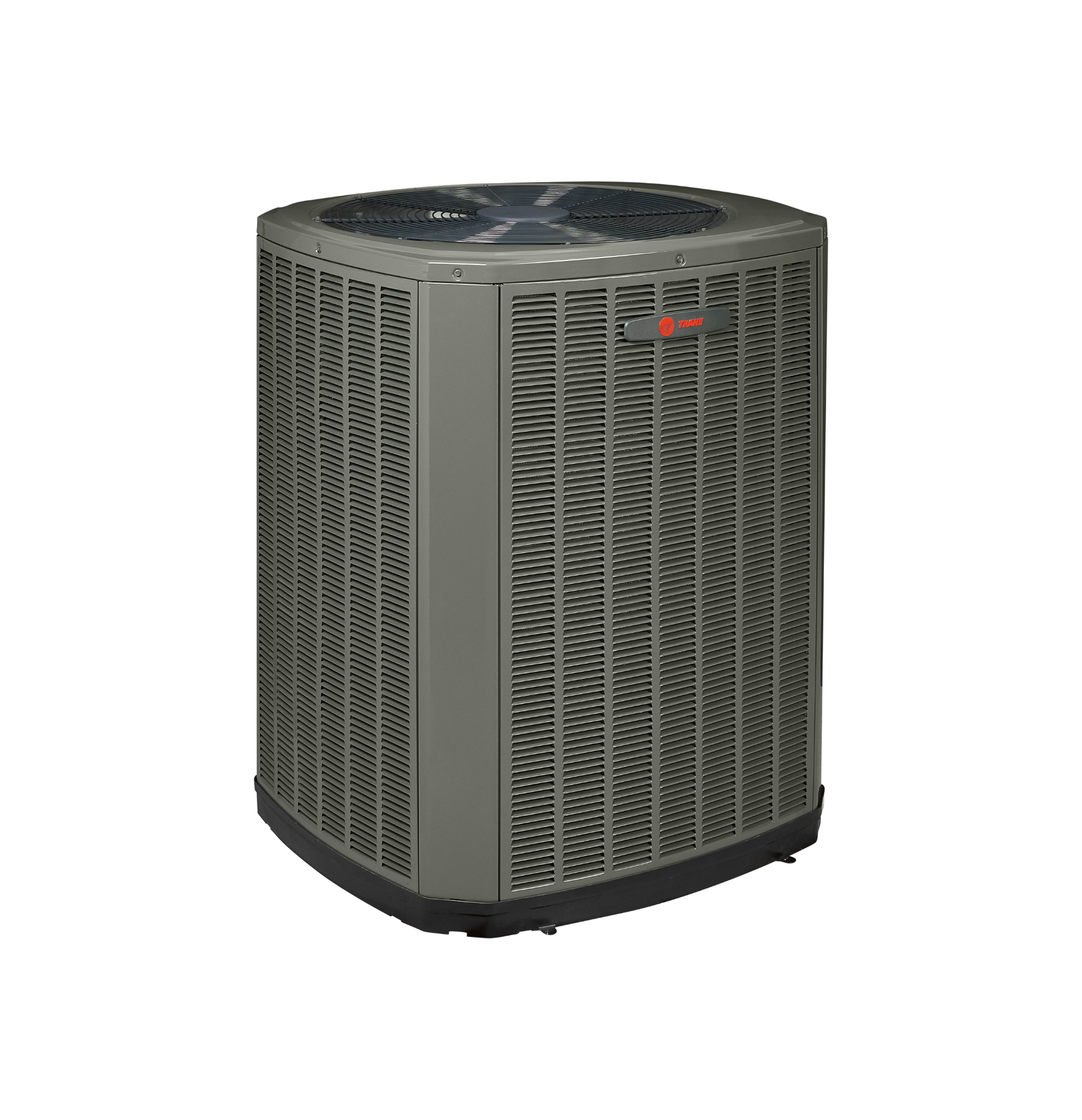 Outdoor HVAC condenser unit, gray metal with fan grille on top, shown on white background