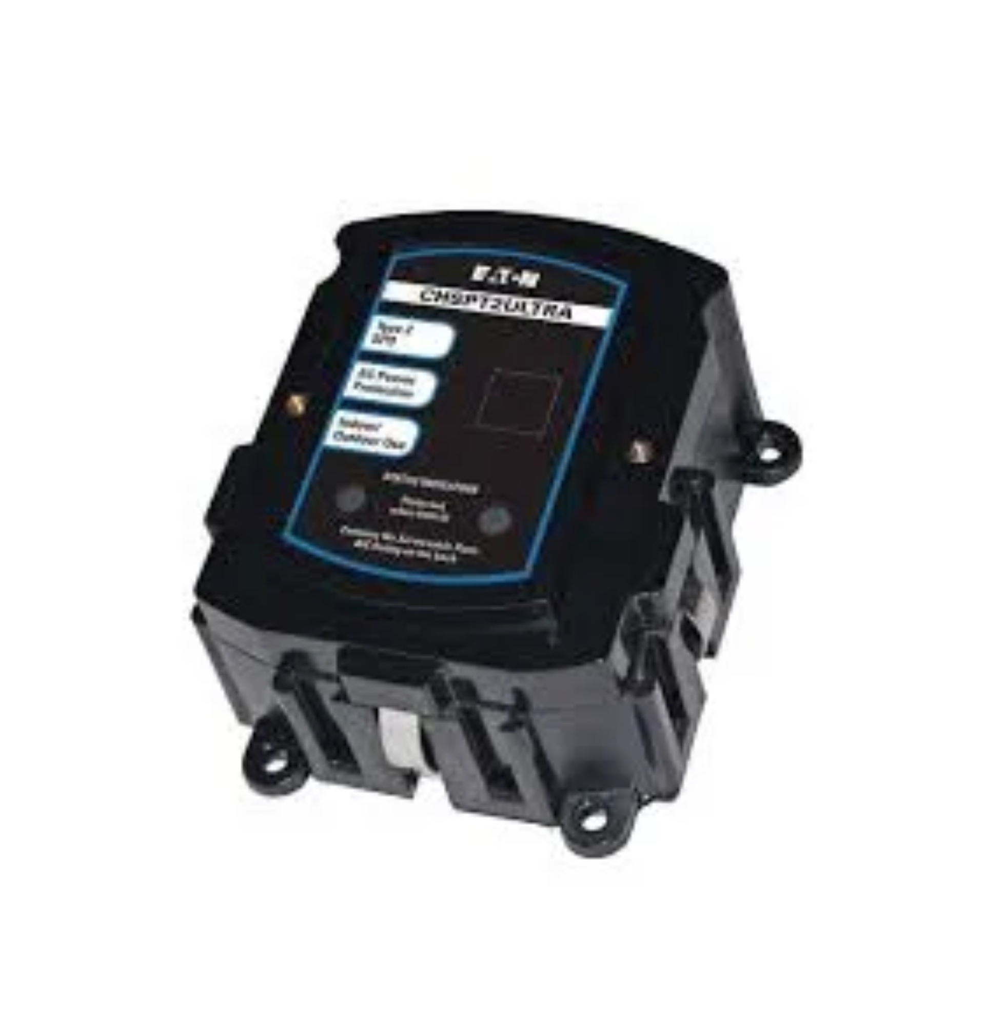 Black electronic control module with blue label on a white background