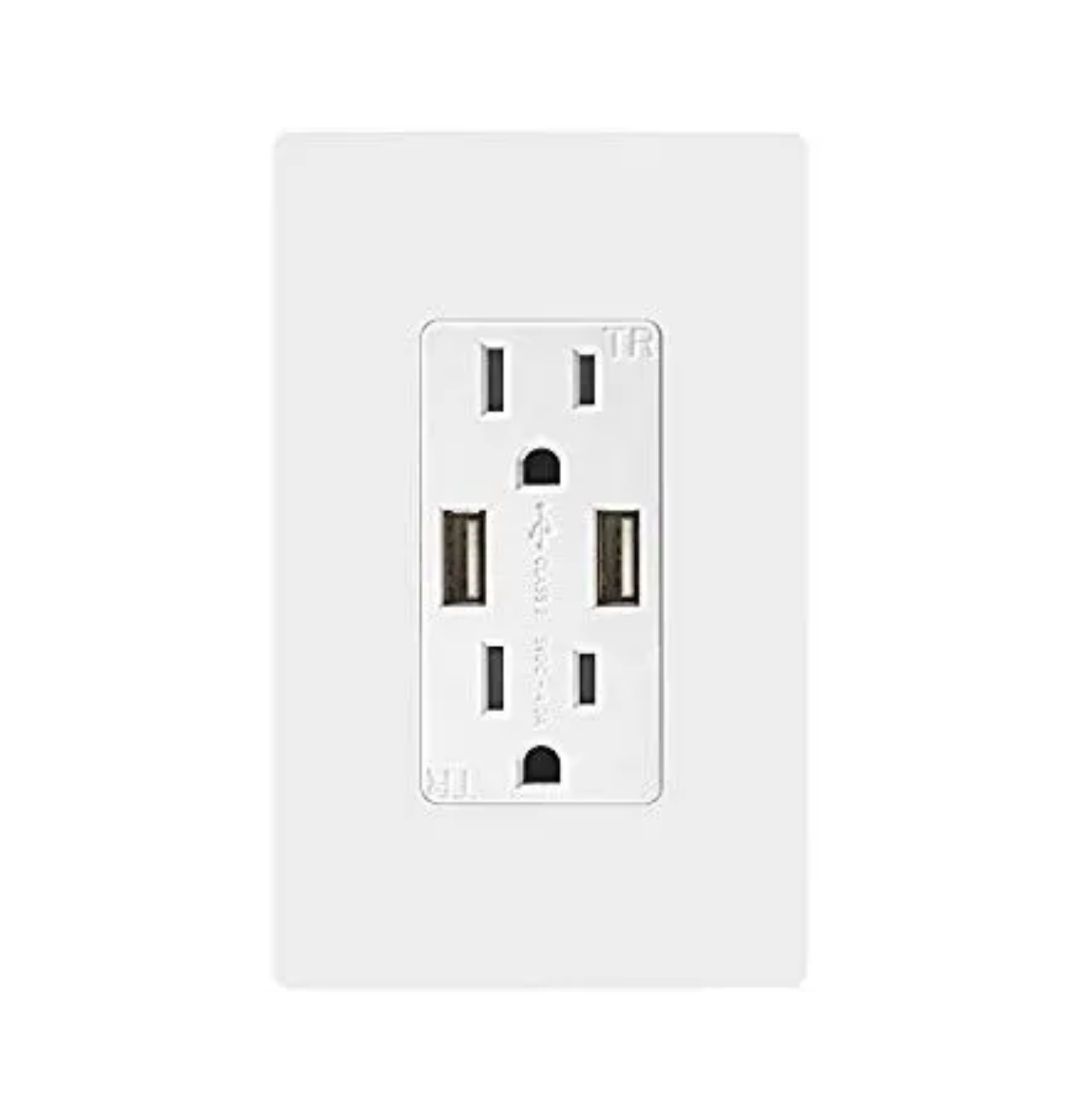 White electrical outlet with two USB ports on a wall plate
