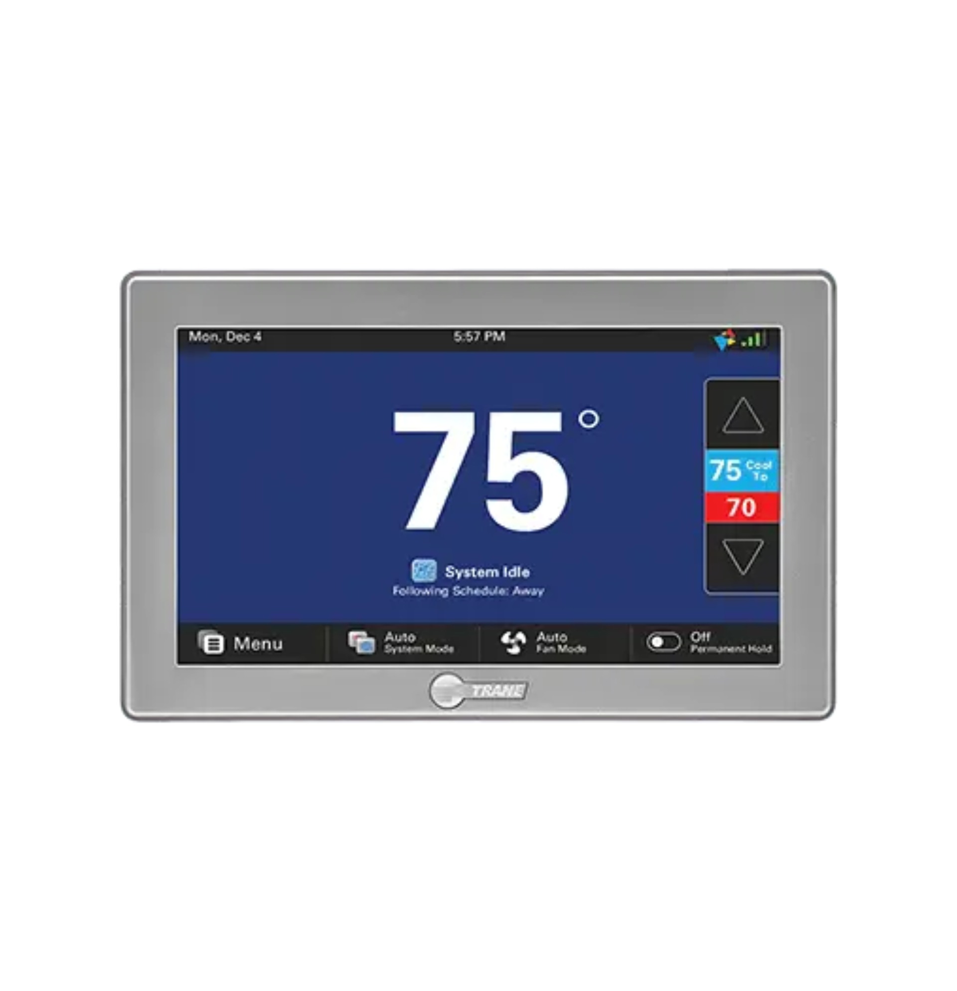 Trane thermostat touchscreen displaying 75° on a blue interface with temperature controls