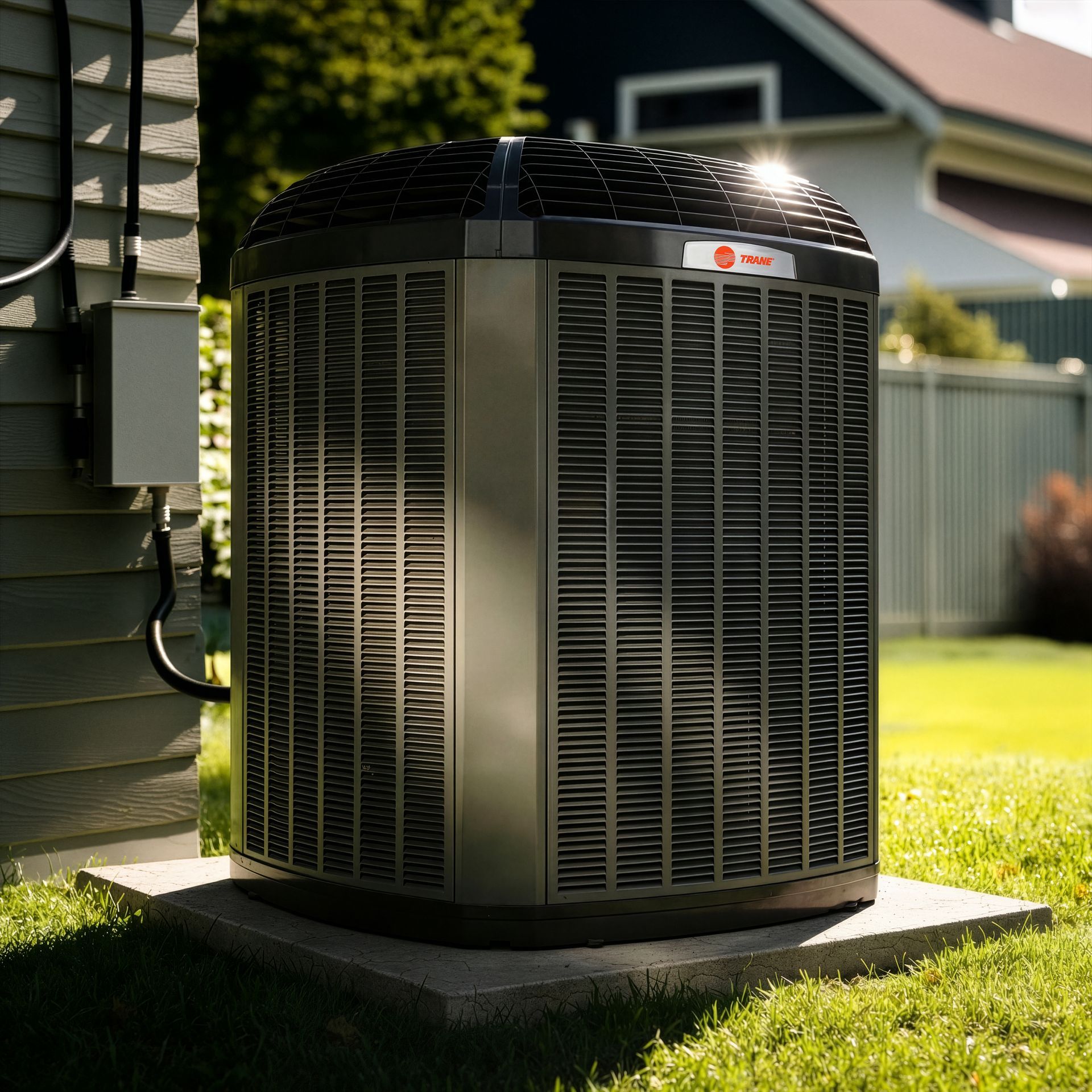 Outdoor central air conditioner unit beside a house on a sunny lawn