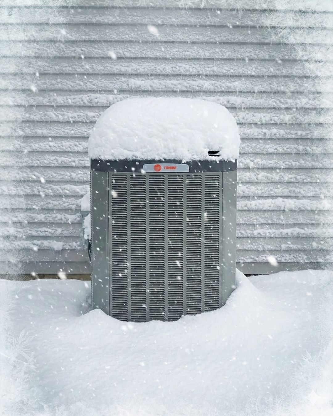 Snow-covered air conditioner unit against a snowy siding wall