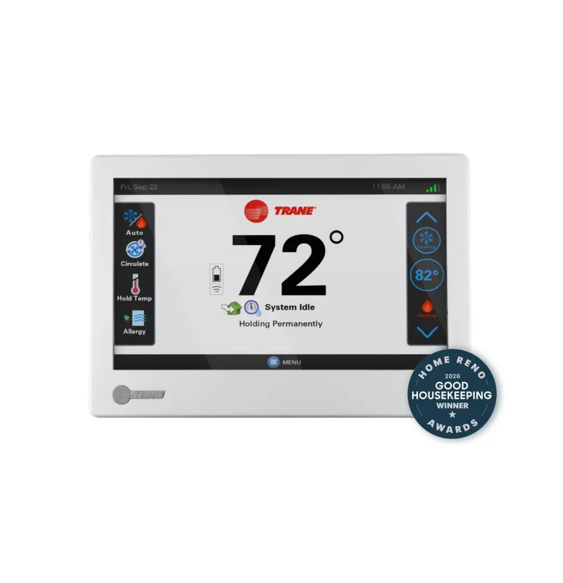 White Trane thermostat displaying 72° with a digital control screen and side icons