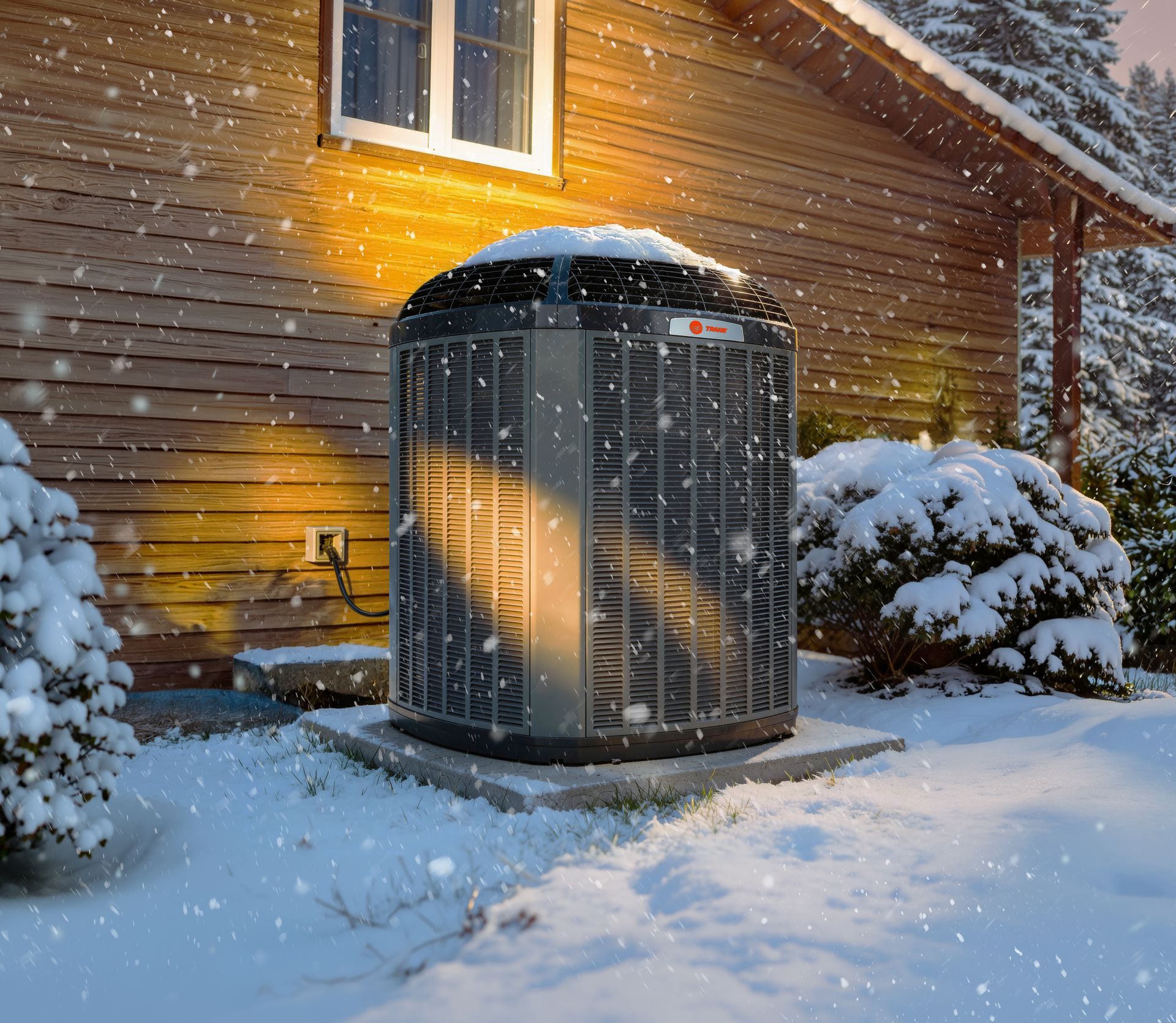 Snow-covered metal HVAC unit beside a wooden house, with warm light glowing from a window at dusk.