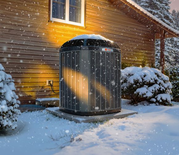 Snow-covered metal HVAC unit beside a wooden house, with warm light glowing from a window at dusk.
