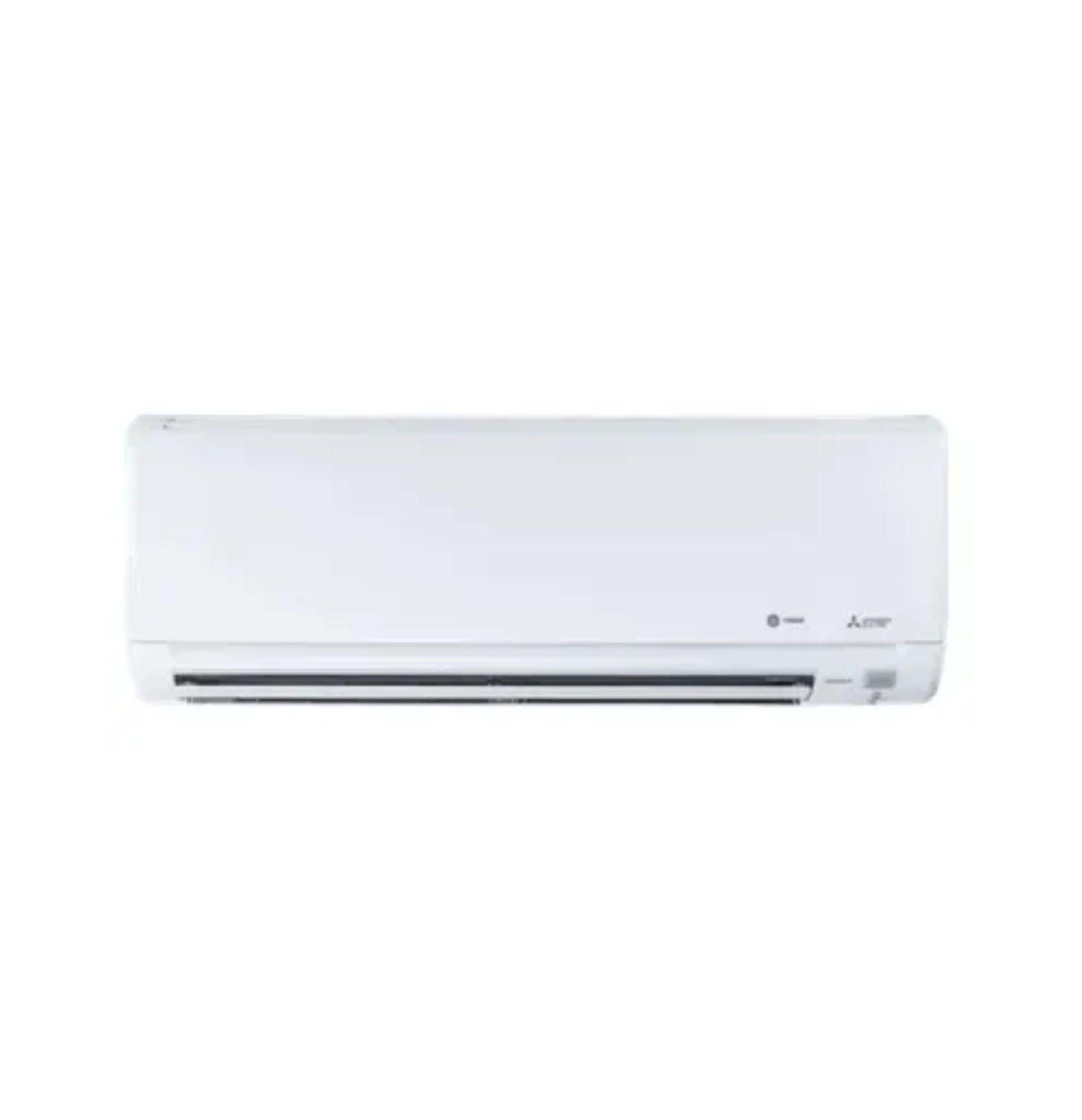 White wall-mounted air conditioner unit with front vent and logo