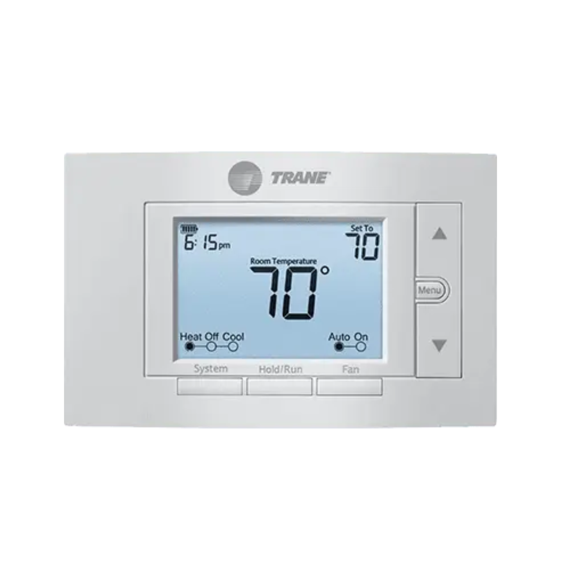 White Trane thermostat displaying 70°F on a blue-backlit touchscreen with up/down controls.