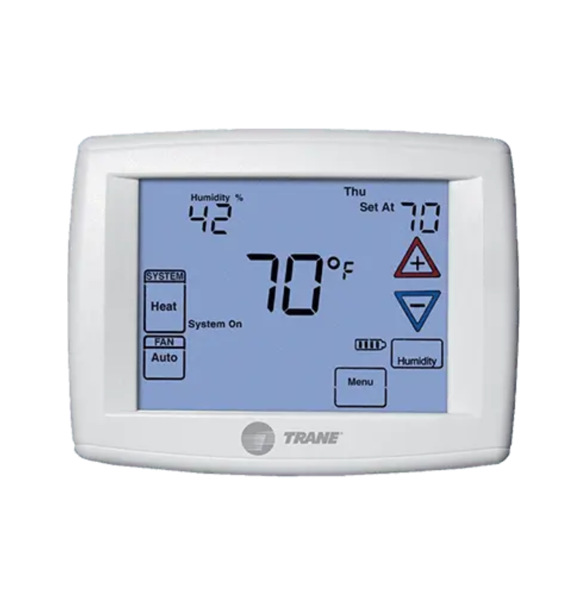 White Trane digital thermostat showing 70°F on a blue-lit display