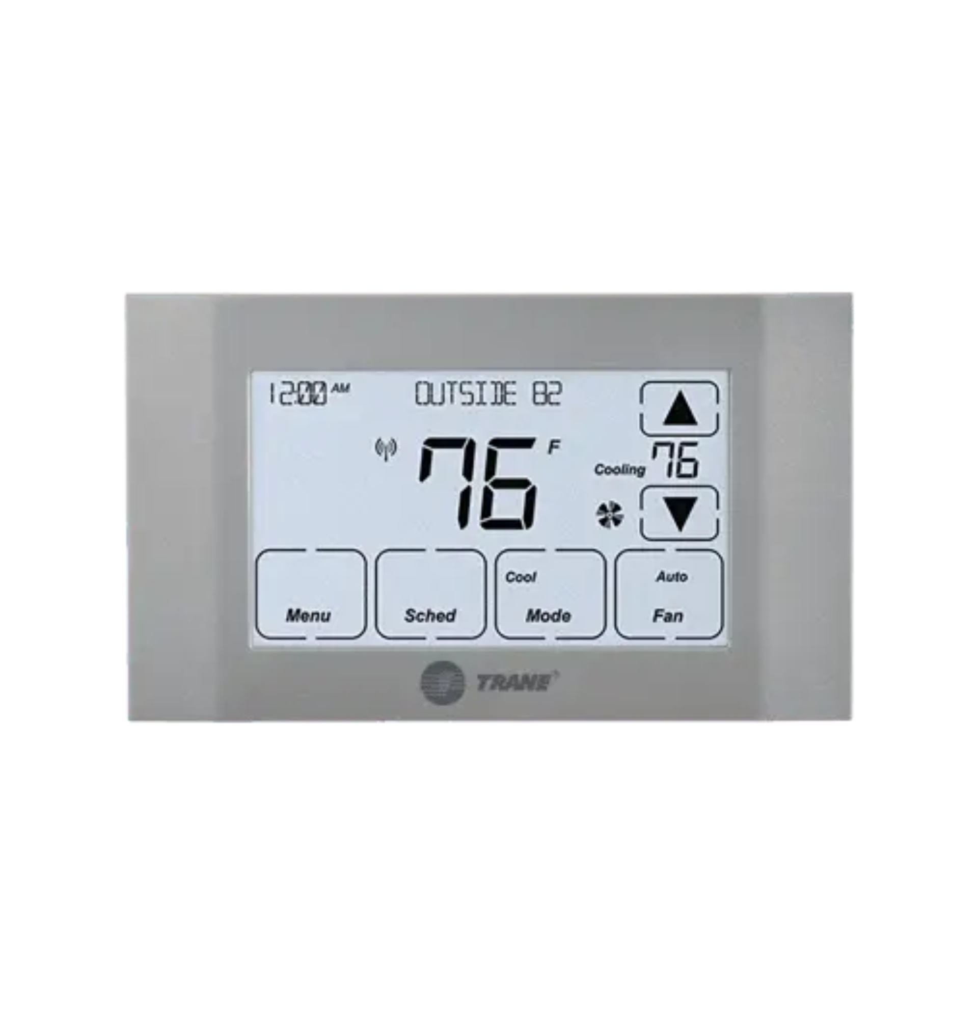 Trane thermostat showing 76°F with up/down controls and buttons for menu, schedule, mode, and fan.