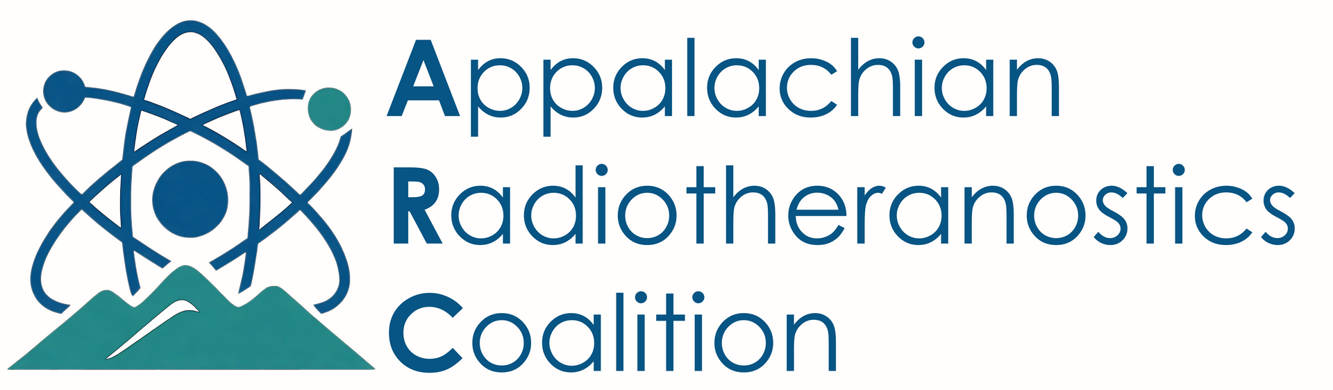 Blue gradient background with atom outline and mountain