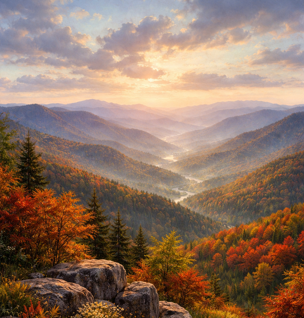 Autumn mountain landscape with colorful trees and a sunrise.
