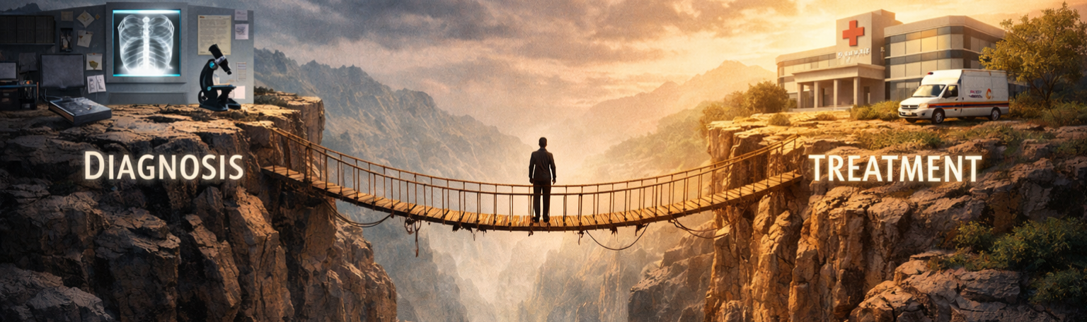 A visual graphic showing the patient on a bridge in the space between their location for disease diagnosis and treatment.