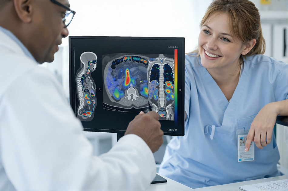 Two medical professionals examining a colorful image