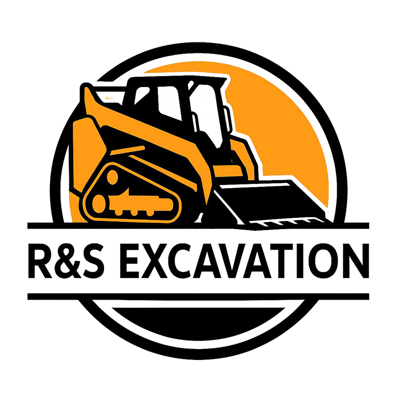 Orange and black logo for R&S Excavation, featuring a track loader in front of an orange circle.