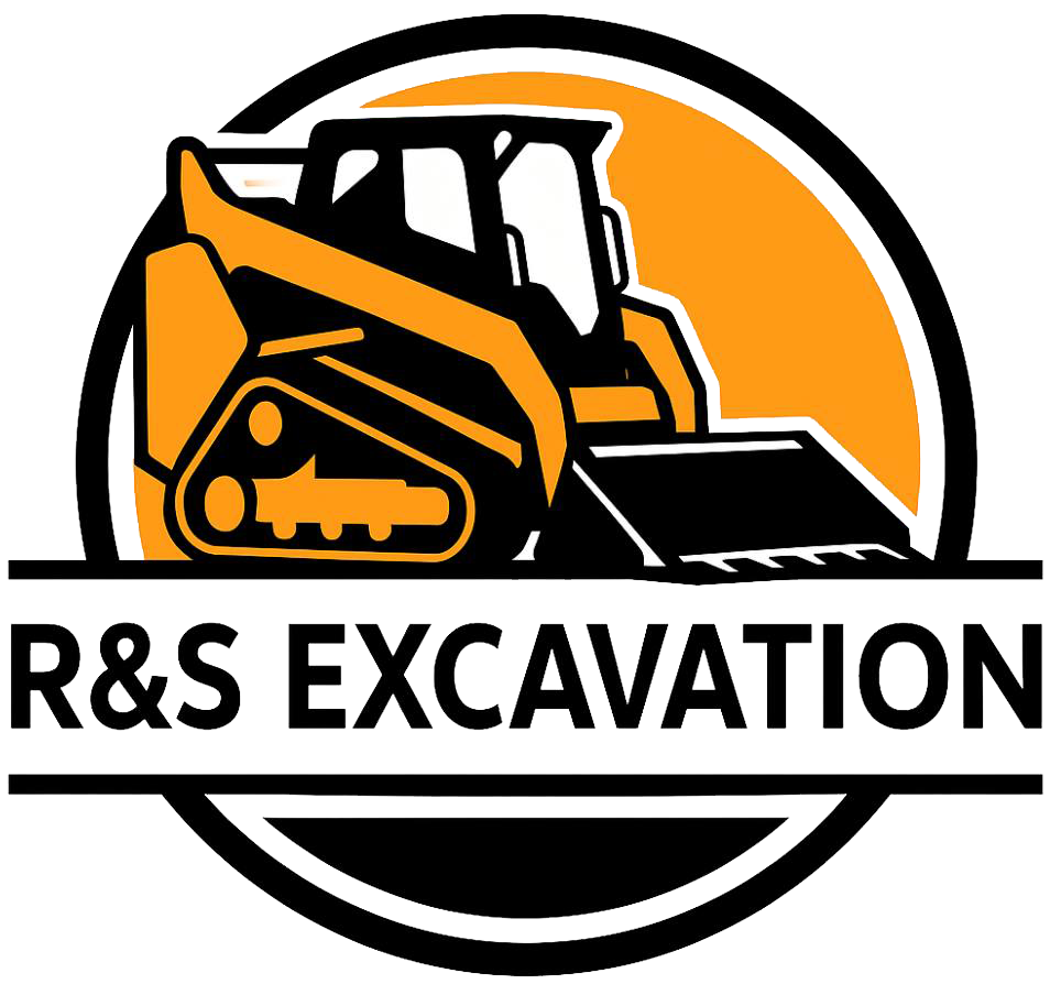 Logo for R&S Excavation: Orange and black excavator inside a black circle, with company name below.