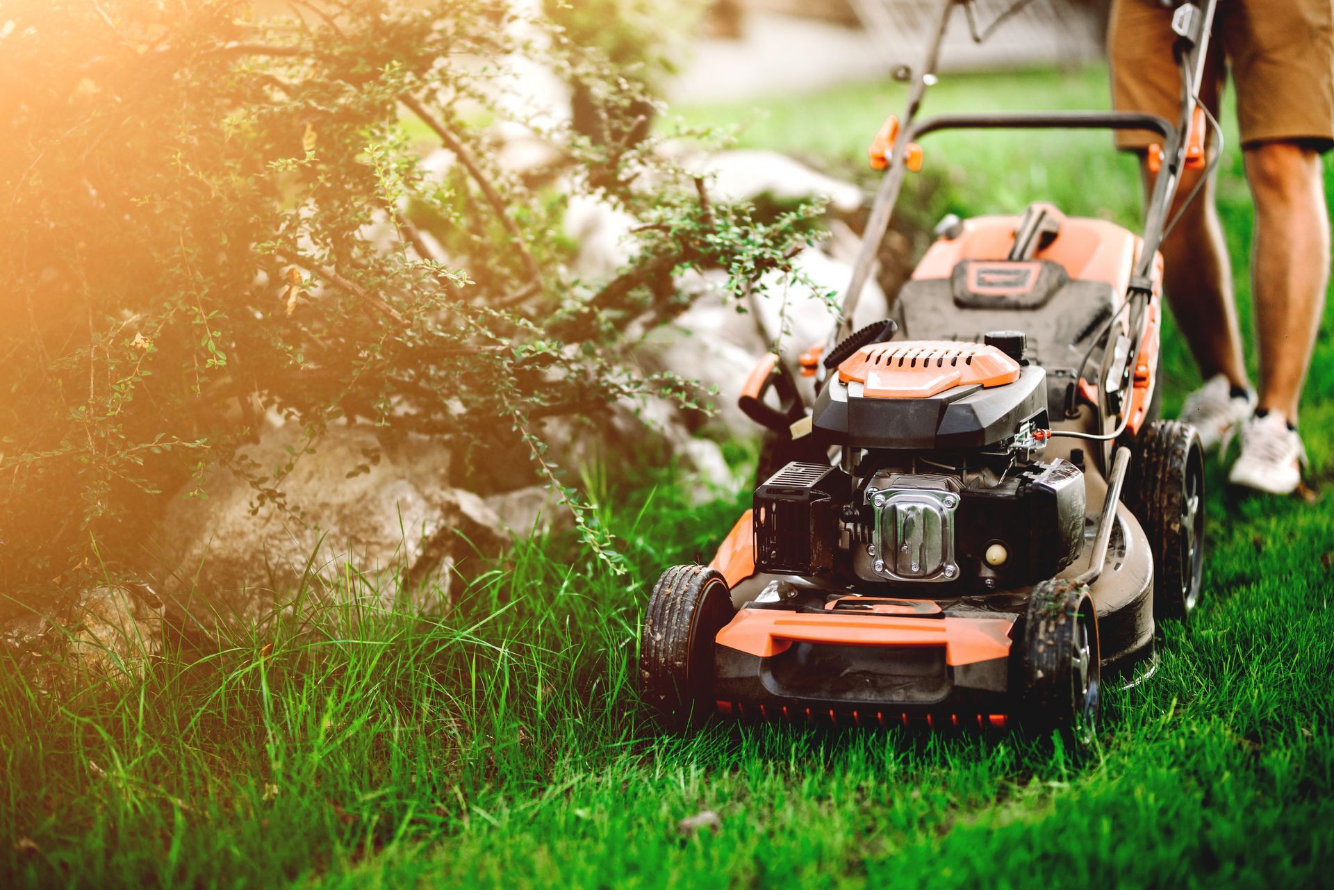 A man is cutting the grass with a lawn mower.