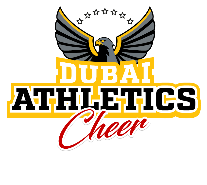 Logo for Dubai Athletics Cheer: yellow, black, and red text with an eagle emblem.