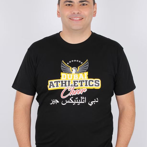 Man wearing a black t-shirt with 