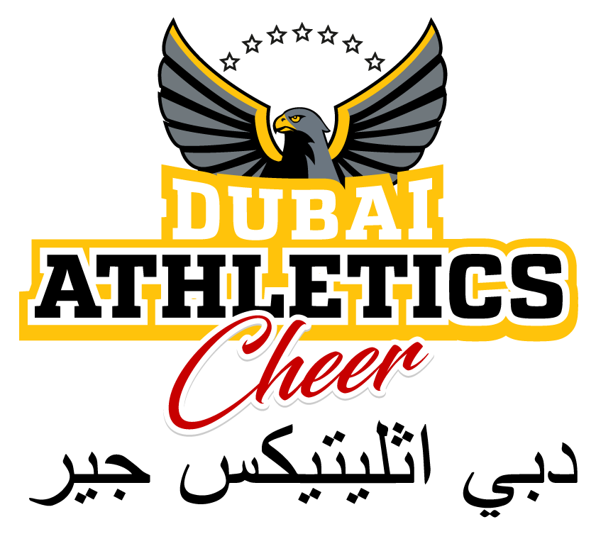 Logo for Dubai Athletics Cheer: eagle with spread wings above text "DUBAI ATHLETICS Cheer" in English and Arabic.