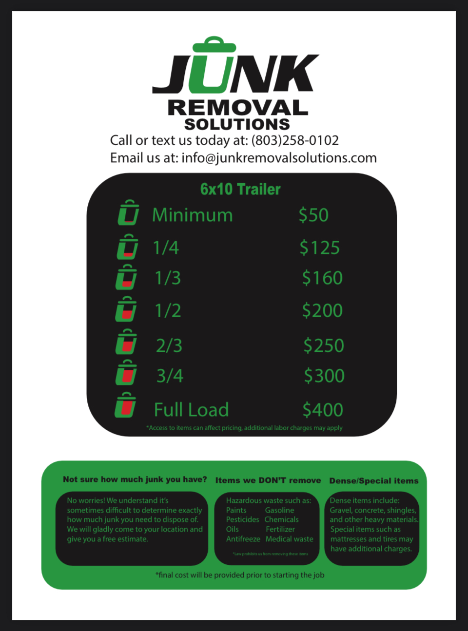 A flyer for junk removal solutions with a price list