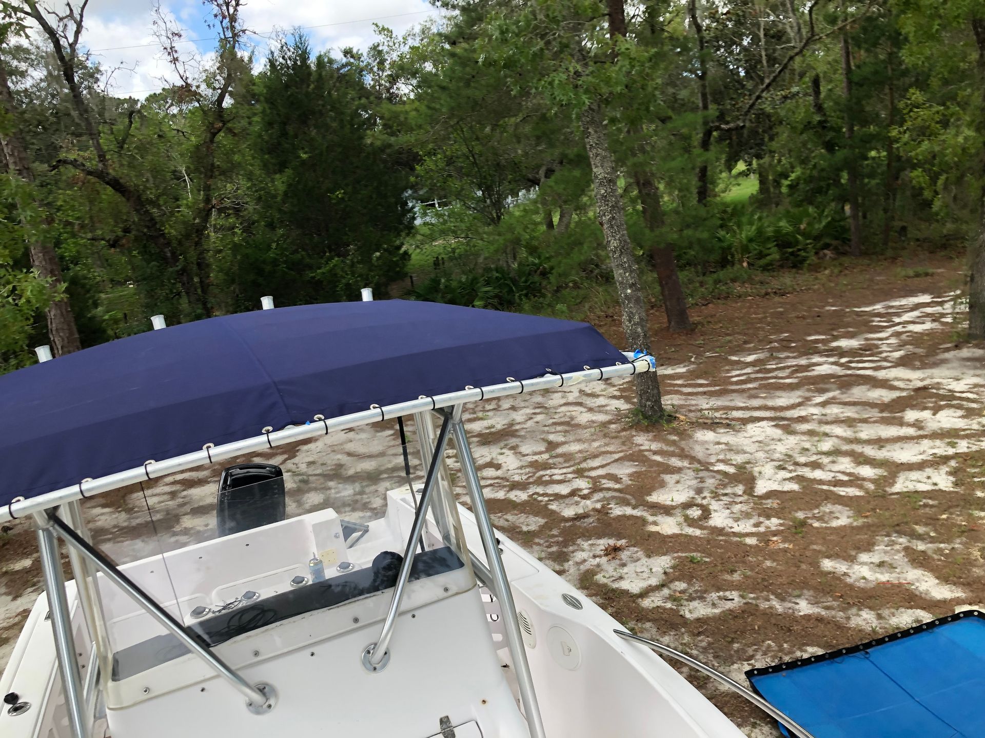 A blue-topped boat, parked on a sandy shore, with a wooded background.