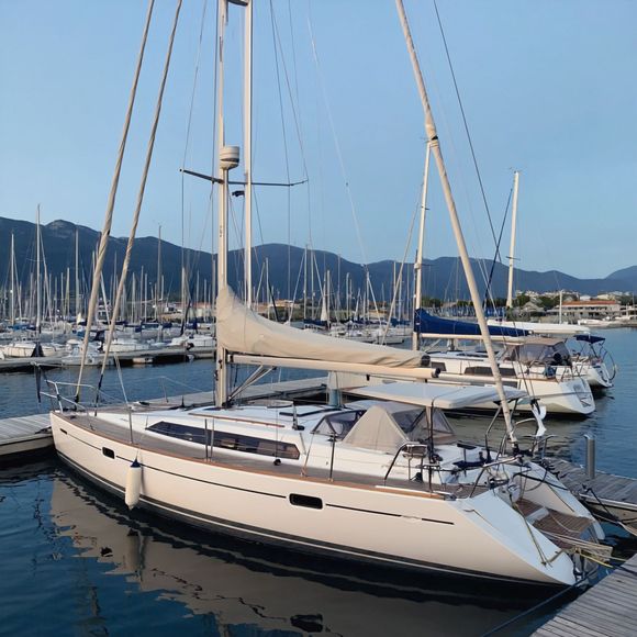 Sailboat docked in marina, white hull, beige sails, mountains in background.