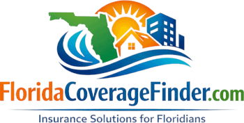 FloridaCoverageFinder.com logo: Florida outline, sun, house, waves, skyscraper. Text: Insurance Solutions for Floridians.