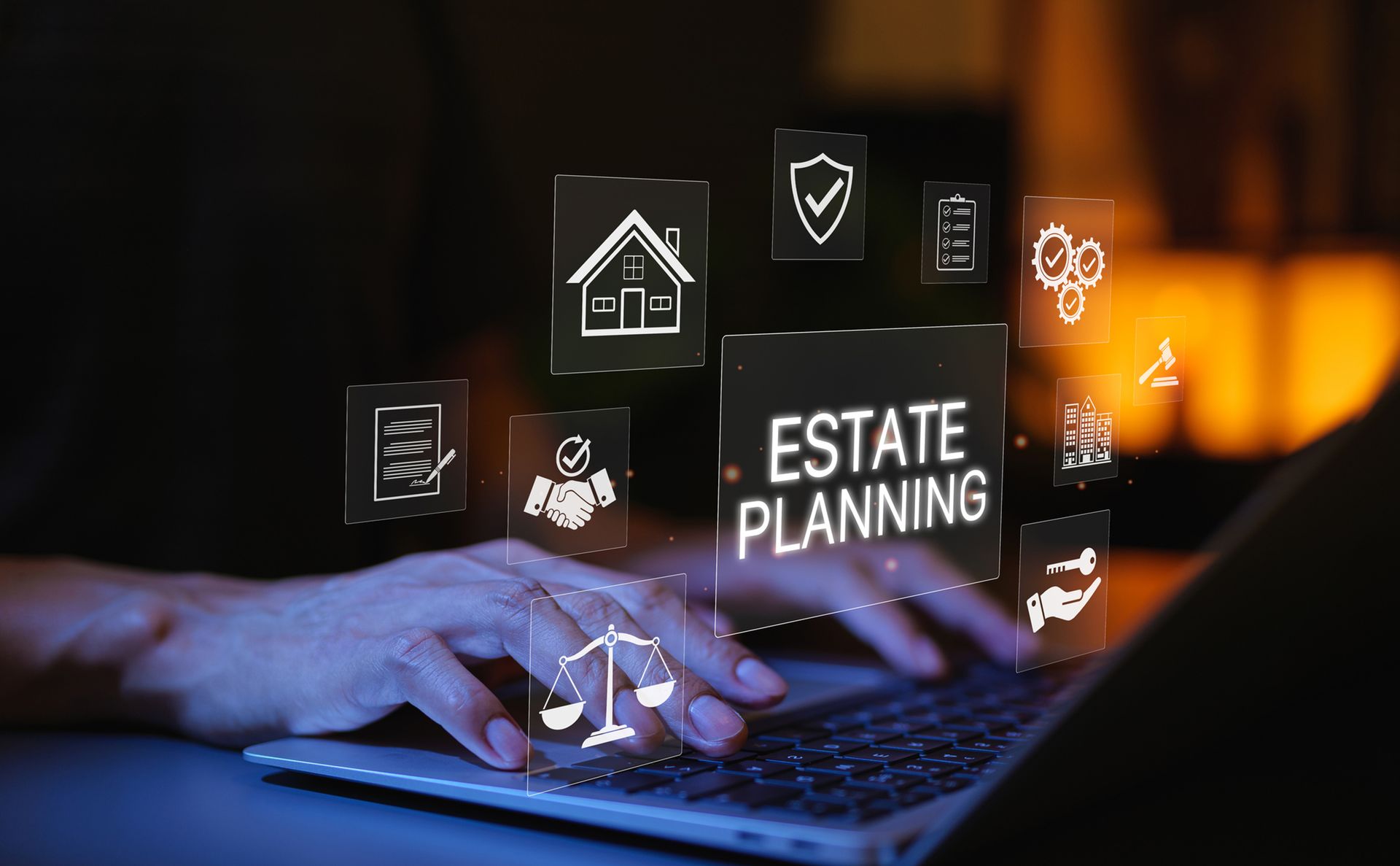 Lawyer using laptop with icons of estate planning and financial law.