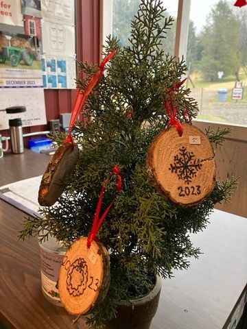 A wooden ornament that says the evergreen farm