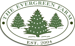 The logo for the evergreen farm shows three christmas trees