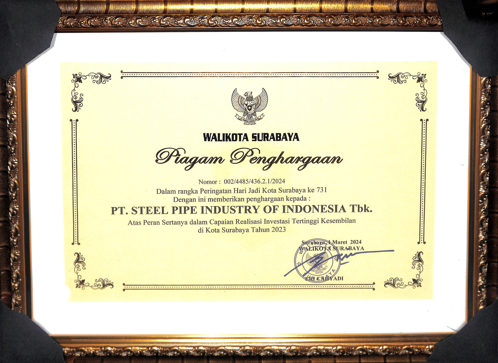 Penghargaan Capaian Realisasi
Investasi Tertinggi Kota Surabaya