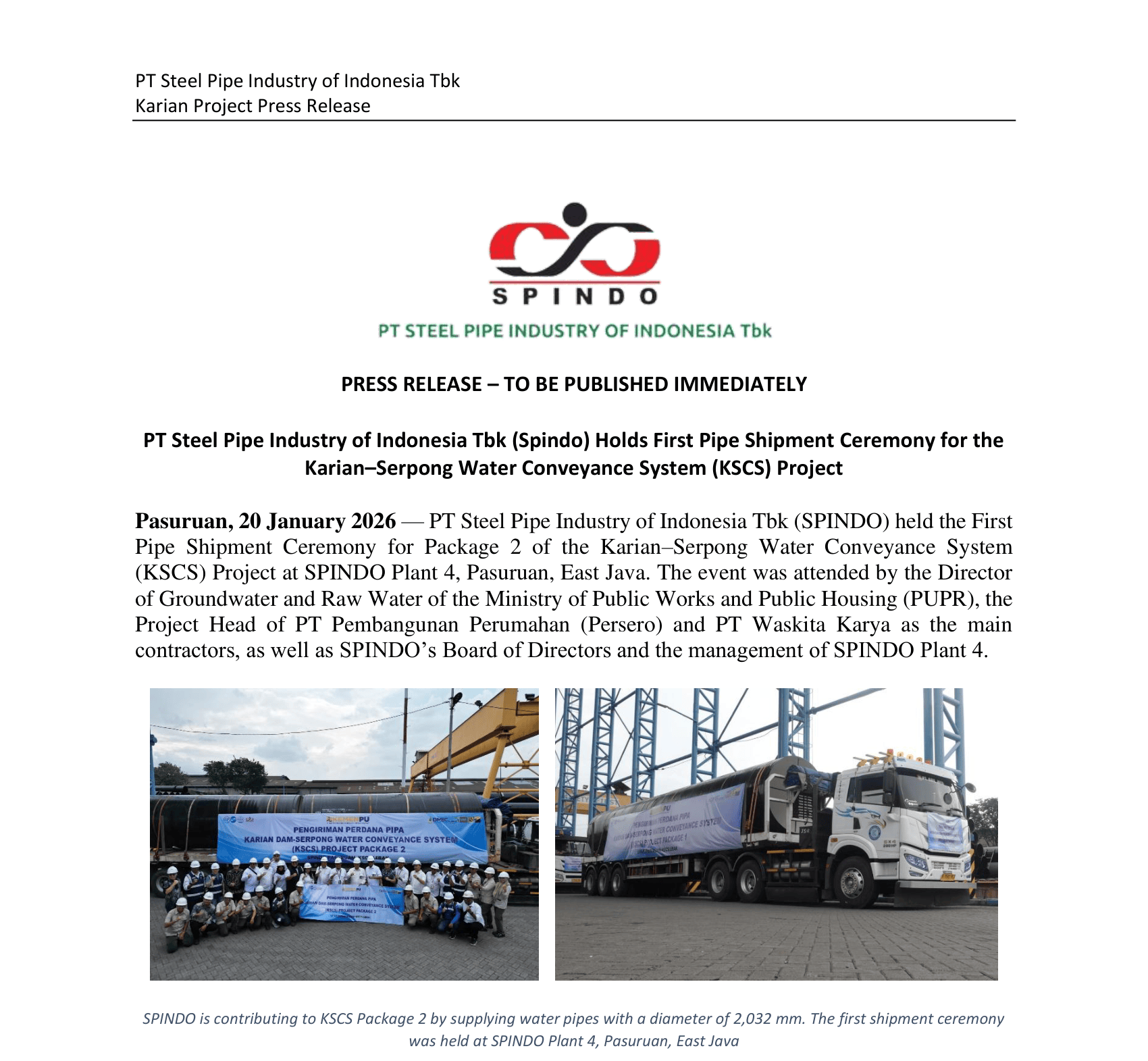 Press Release -  Pengiriman Perdana Pipa Proyek Karian Dam-Serpong (KSCS)