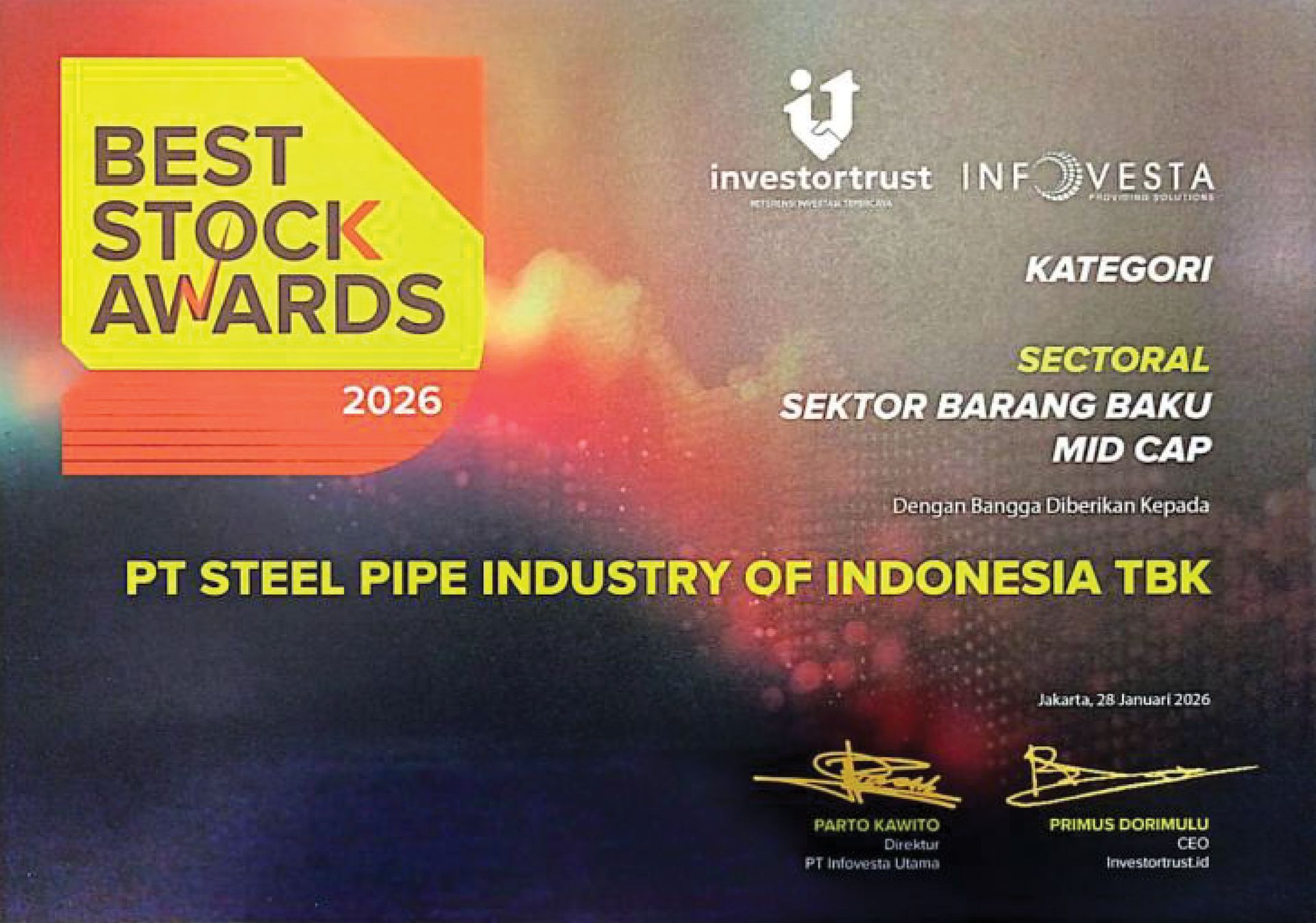 Award Certificate from the Best Stock Awards 2026