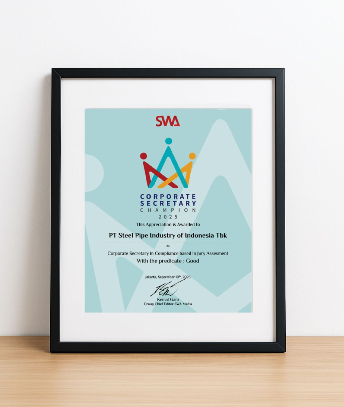 Sertifikat penghargaan Corporate Secretary Champion 2025 predikat Good