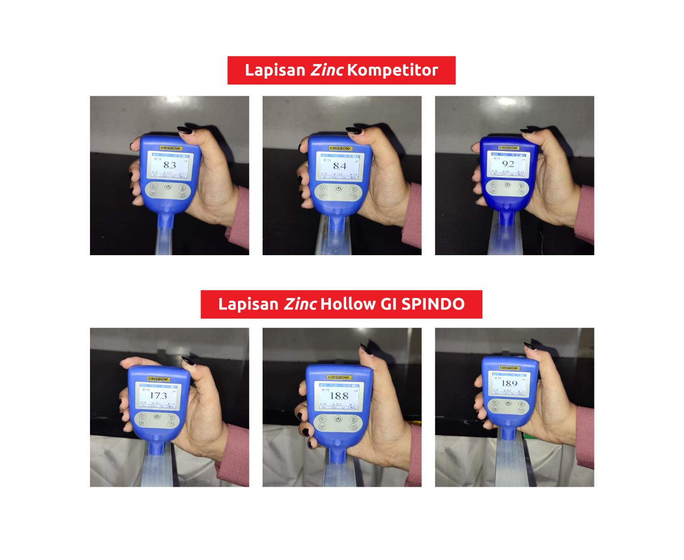 Perbandingan Ukuran Lapisan Zinc Pipa Hollow GI SPINDO dengan Kompetitor