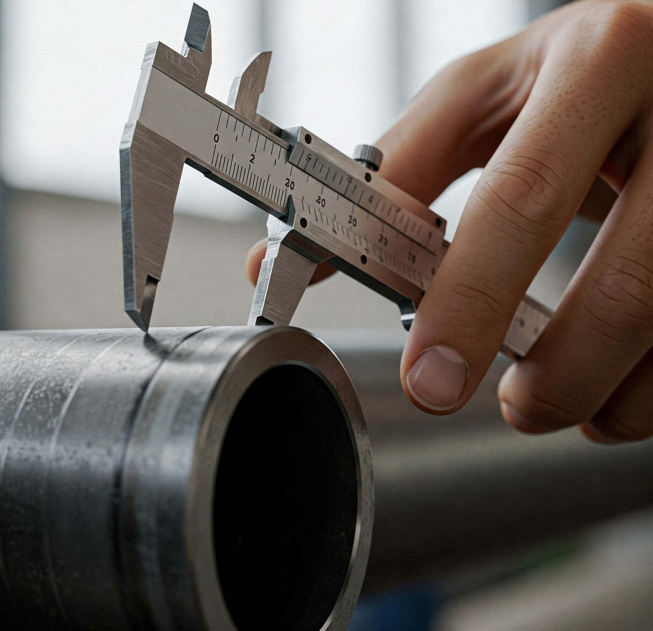 Mengukur diameter pipa besi dengan caliper 