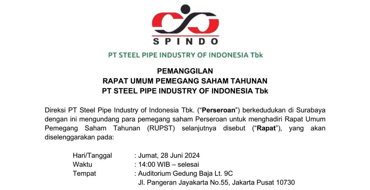 Pemanggilan Rapat Umum Pemegang Saham Tahunan PT Steel Pipe Industry of Indonesia Tbk tahun 2024