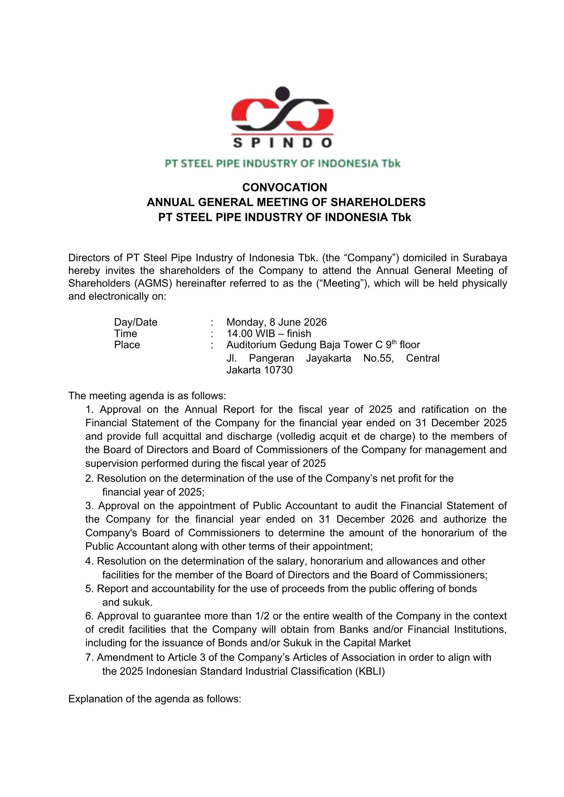Convocation Annual General Meeting of Shareholders PT Steel Pipe Industry of Indonesia Tbk
