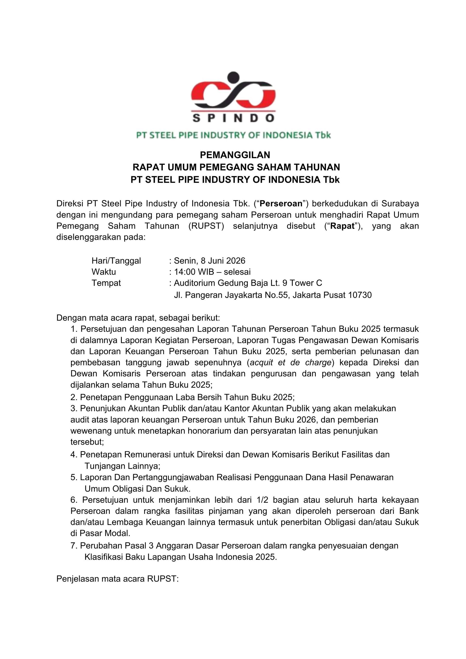 Pemanggilan Rapat Umum Pemagang Saham Tahunan PT Steel Pipe Industry of Indonesia Tbk
