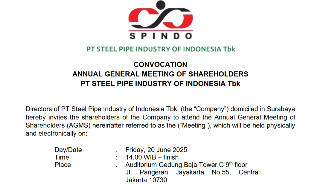 Convocation Annual General Meeting of Shareholders PT Steel Pipe Industry of Indonesia Tbk