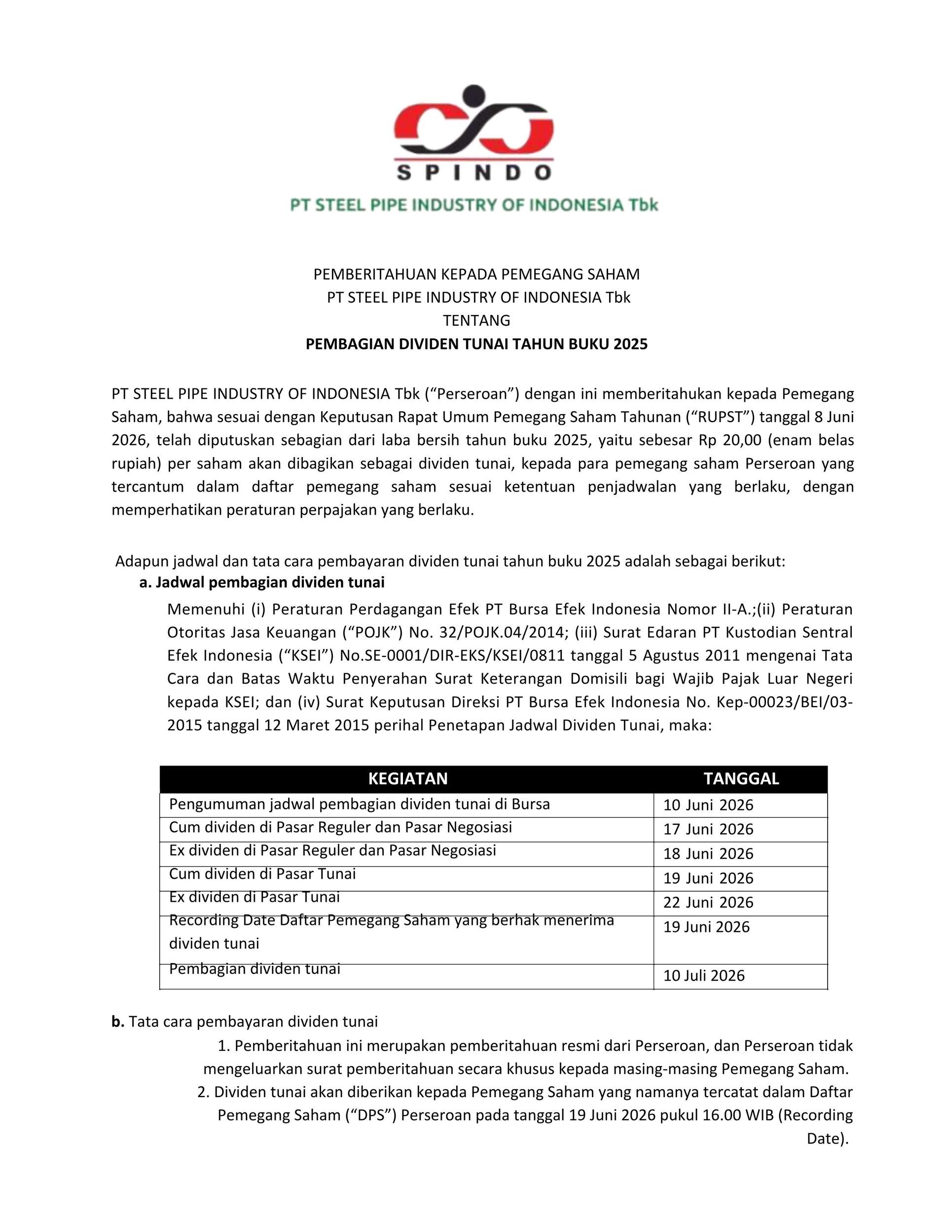 Regarding The Distributions Of Cash Dividens For Ficscal Year 2025