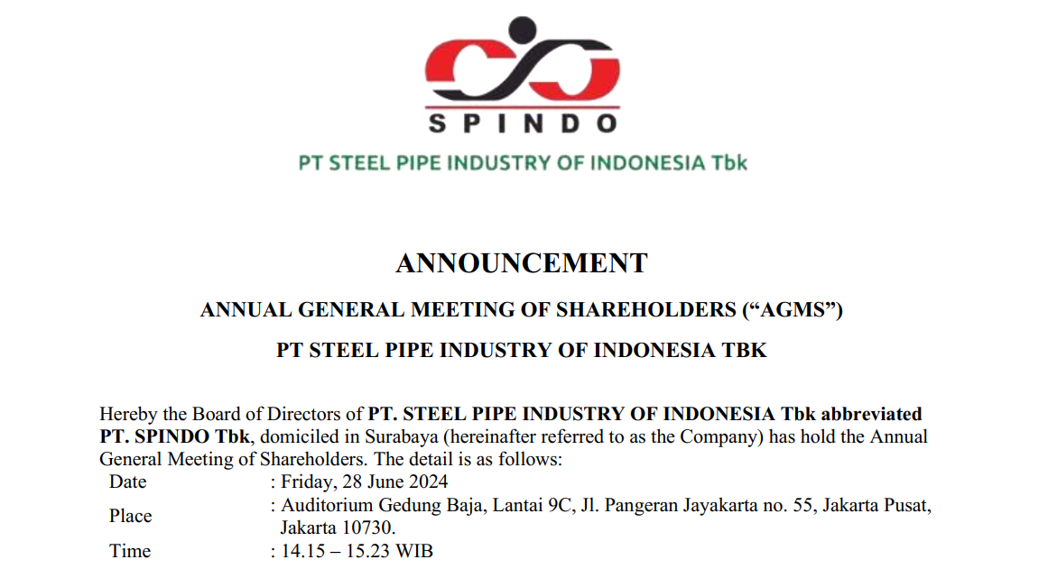 Announcement summary of the 2024 AGMS PT Steel Pipe Industry of Indonesia Tbk