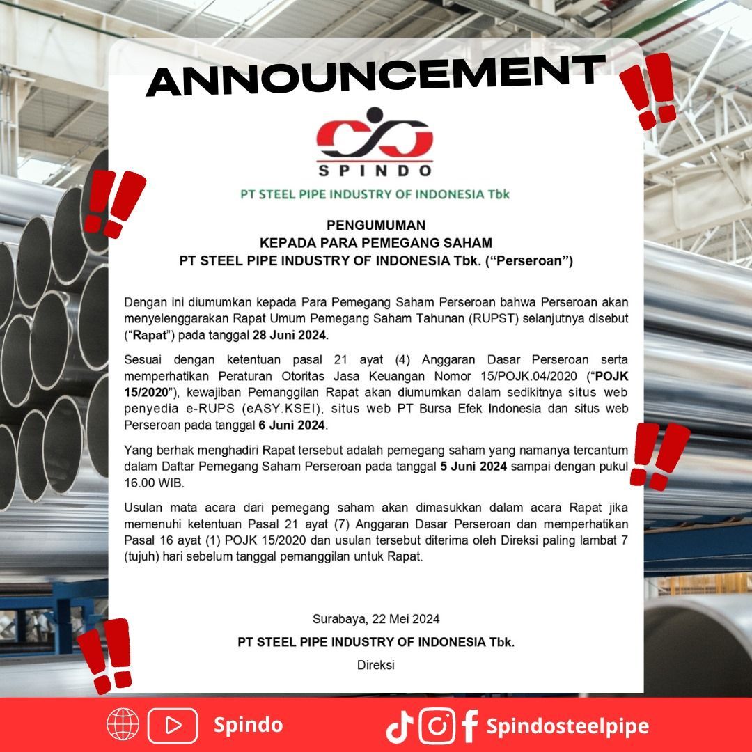 Impementation Plan Annual General Meeting of Shareholders 2024 PT Steel Pipe Industry Indonesia Tbk