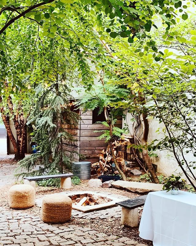 There is a fire pit in the middle of the yard surrounded by trees.