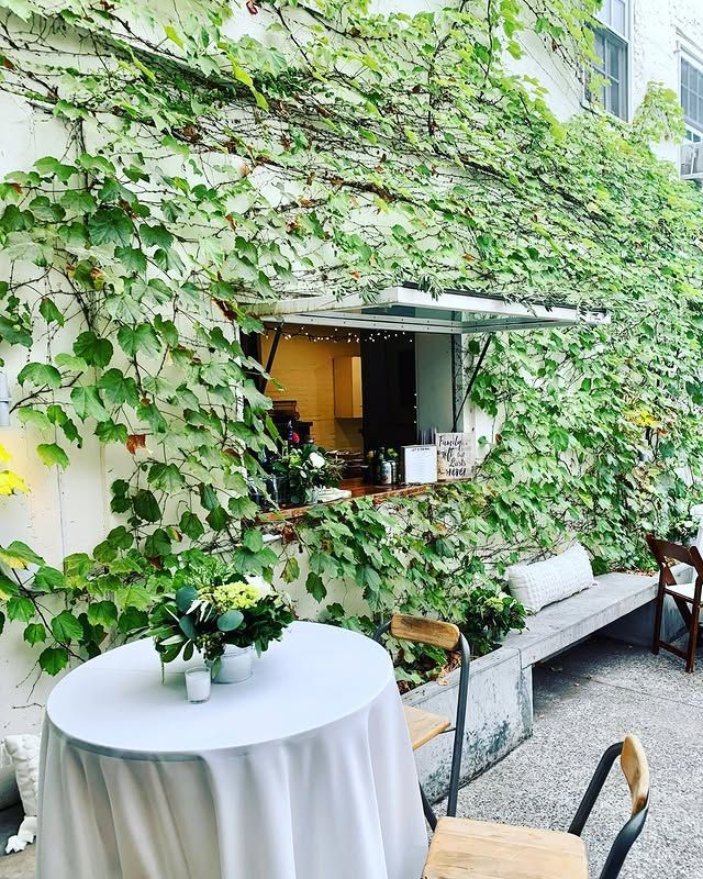 A table and chairs are sitting in front of a building covered in ivy.